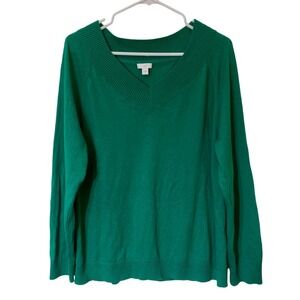 J. Jill Green Ribbed V Neck Pullover Sweater Size L